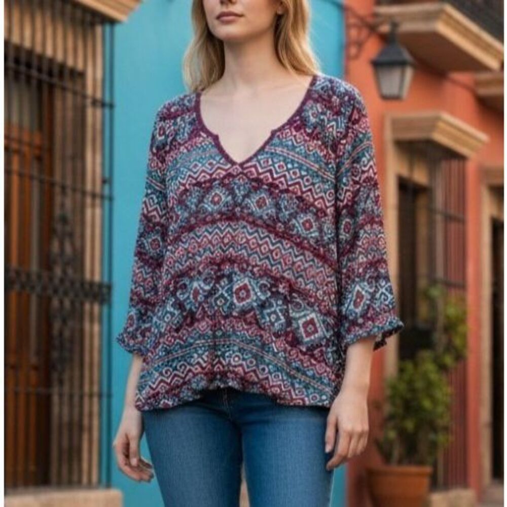 Lucky Brand Boho Blouse Womens Size M Vneck Aztec Tribal
